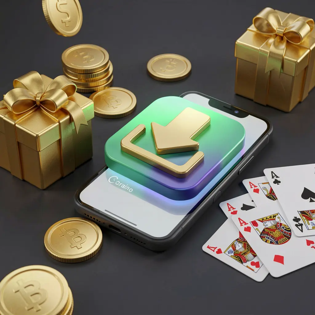WU77 casino app download concept showing a smartphone with a download icon, surrounded by golden coins, a gift box, and playing cards in a modern mobile gaming atmosphere