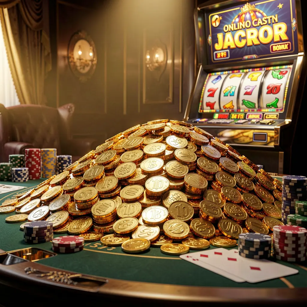 WU77 online casino jackpot bonus scene with a massive pile of golden coins, a slot machine glowing with jackpot lights in the background, poker chips and playing cards on a luxury table under dramatic cinematic lighting