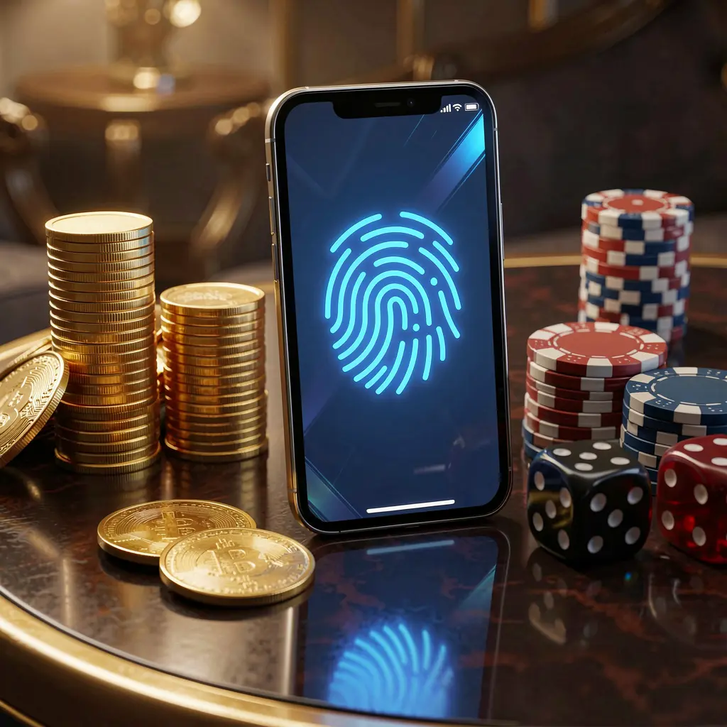 WU77 online gaming account access scene showing a smartphone with a glowing fingerprint icon, golden coins, dice, and poker chips on a glossy table under cinematic lighting