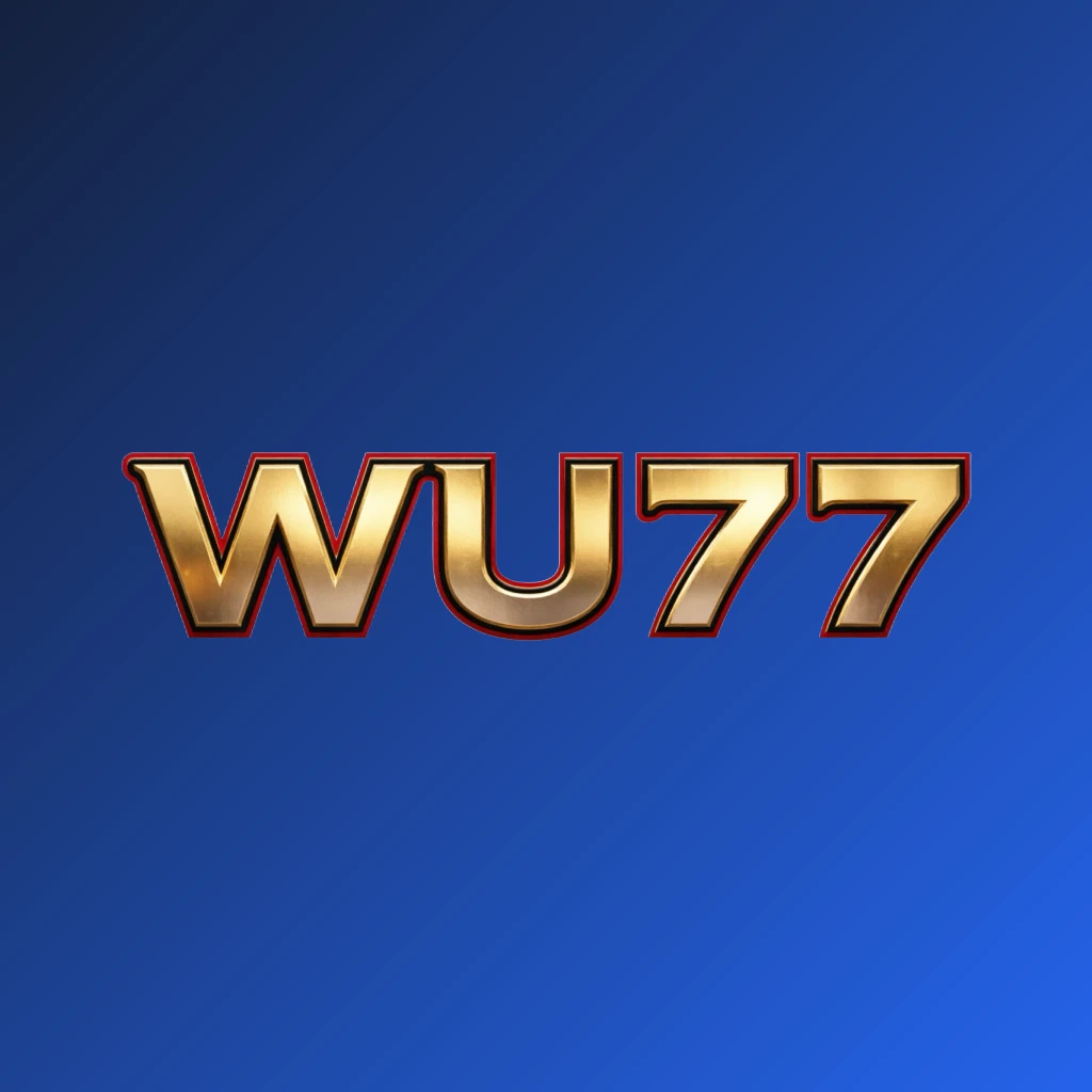 Luxury casino logo for WU77 featuring rich gold gradient text with red and black accents, elegant lighting effects, designed in a horizontal rectangular wordmark style on a transparent background, conveying high-end entertainment