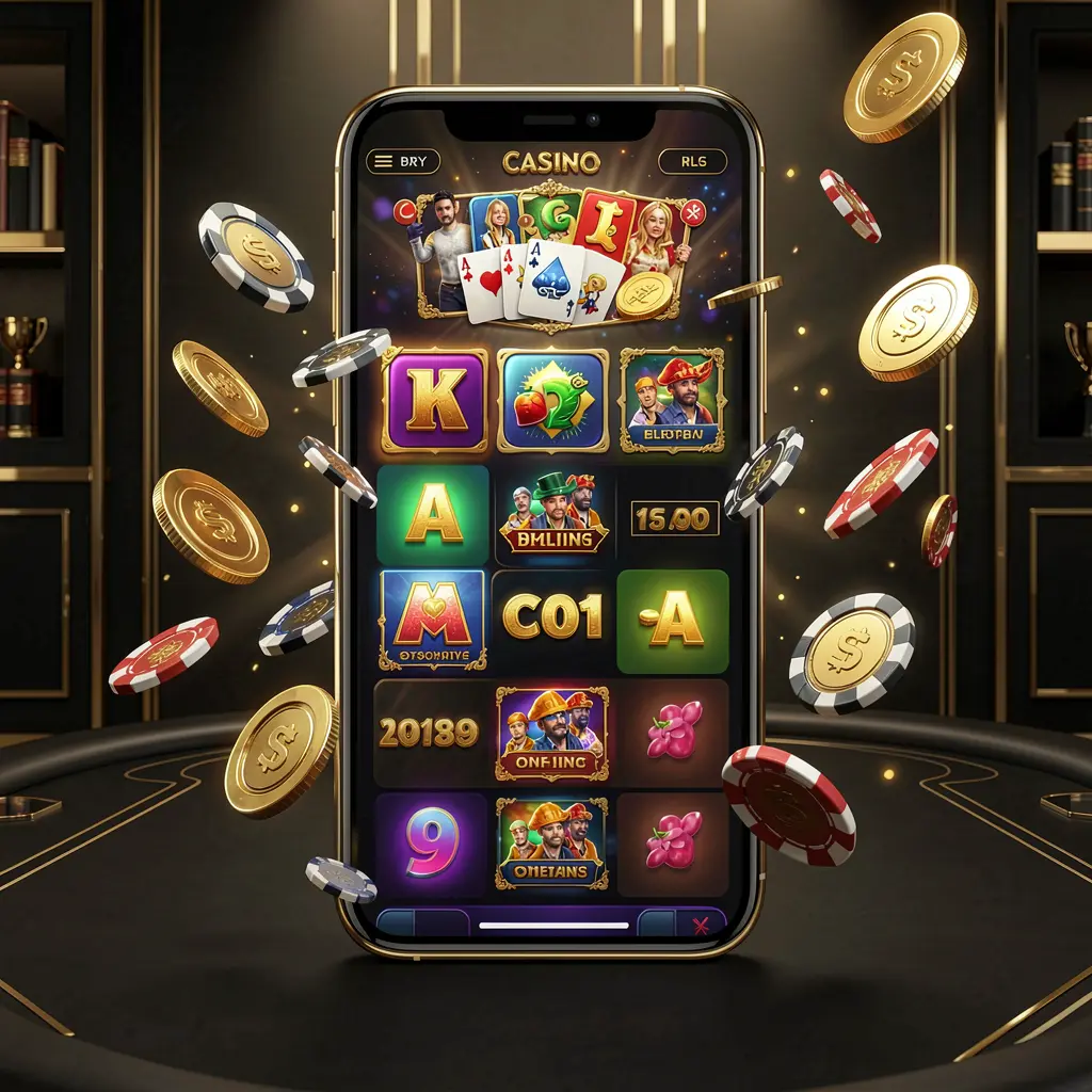 WU77 modern online casino main page visual with smartphone displaying glowing gaming interface, coins and chips flying around in a black and gold luxury atmosphere, realistic 3D illustration